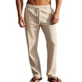 thumbnail image 2 of Men's Simple Casual Elastic Waist Drawstring Straight Leg Linen Pants Khaki XL, 2 of 10