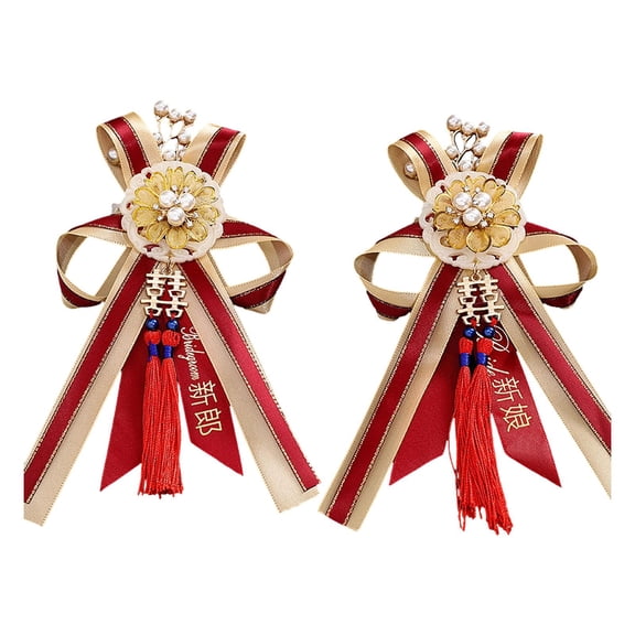 HILABEE 2Pcs Bride Bridegroom Wedding Boutonniere Chinese Corsage Ribbon Elegant with Pin and Clip Groom Flower for Anniversary Decor
