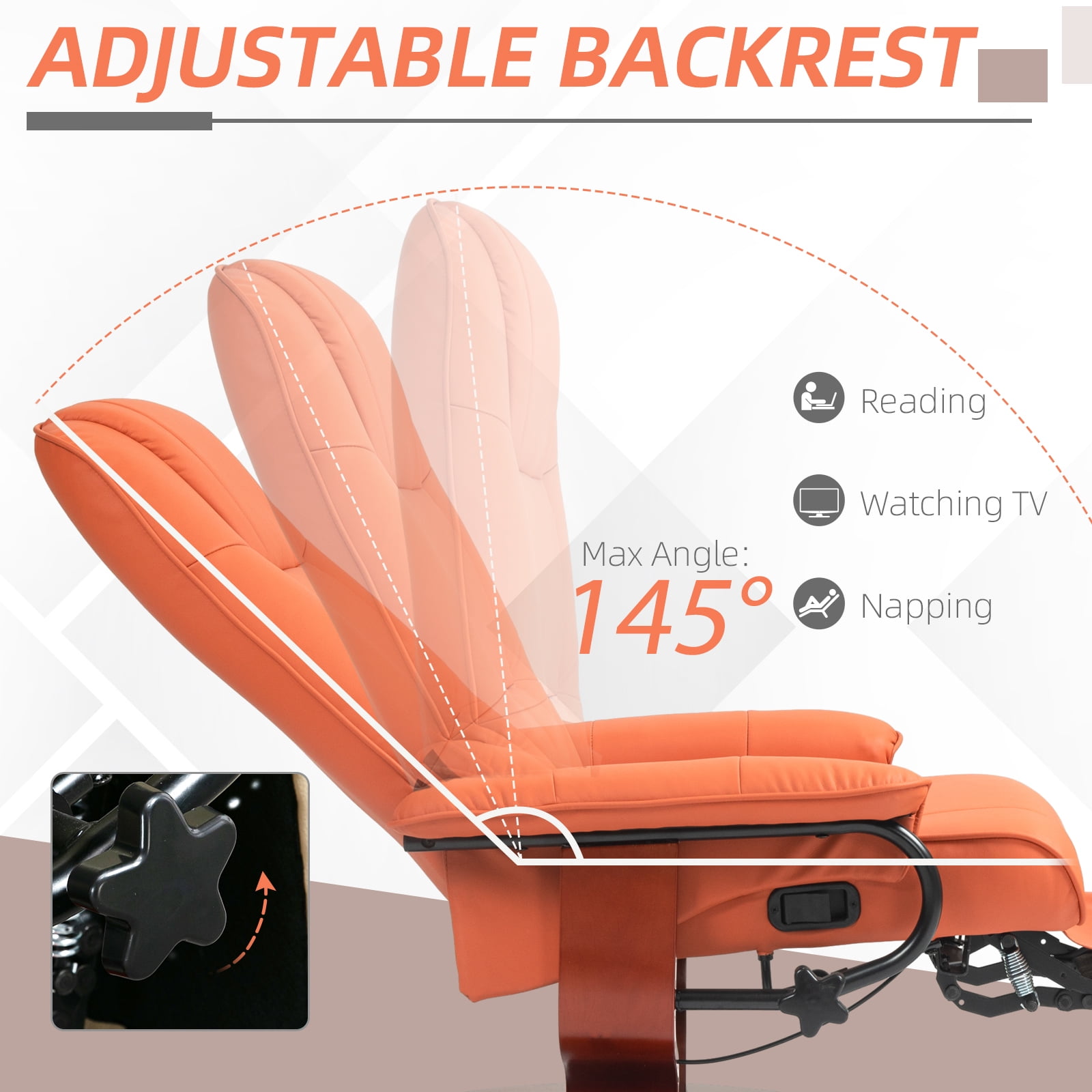 HOMCOM Faux Leather Manual Recliner, Adjustable Swivel Lounge Chair with Footrest, Armrest and Wrapped Wood Base for Living Room, Orange