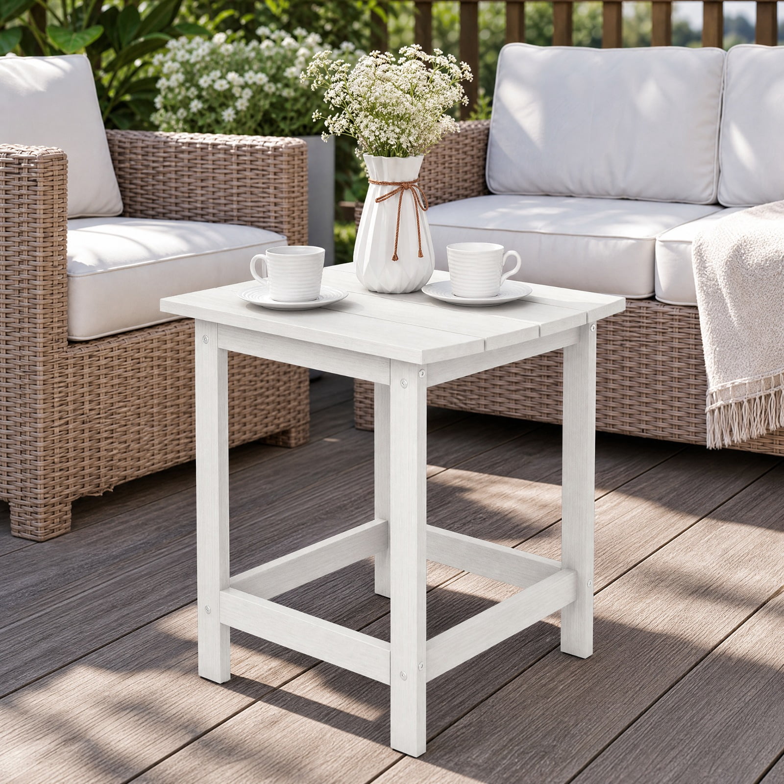 Furnibear 18 Inch Adirondack Outdoor Side Table Set of 2 with Wide Weather Resistant Tops for Patio Garden and Backyard Chairs, White