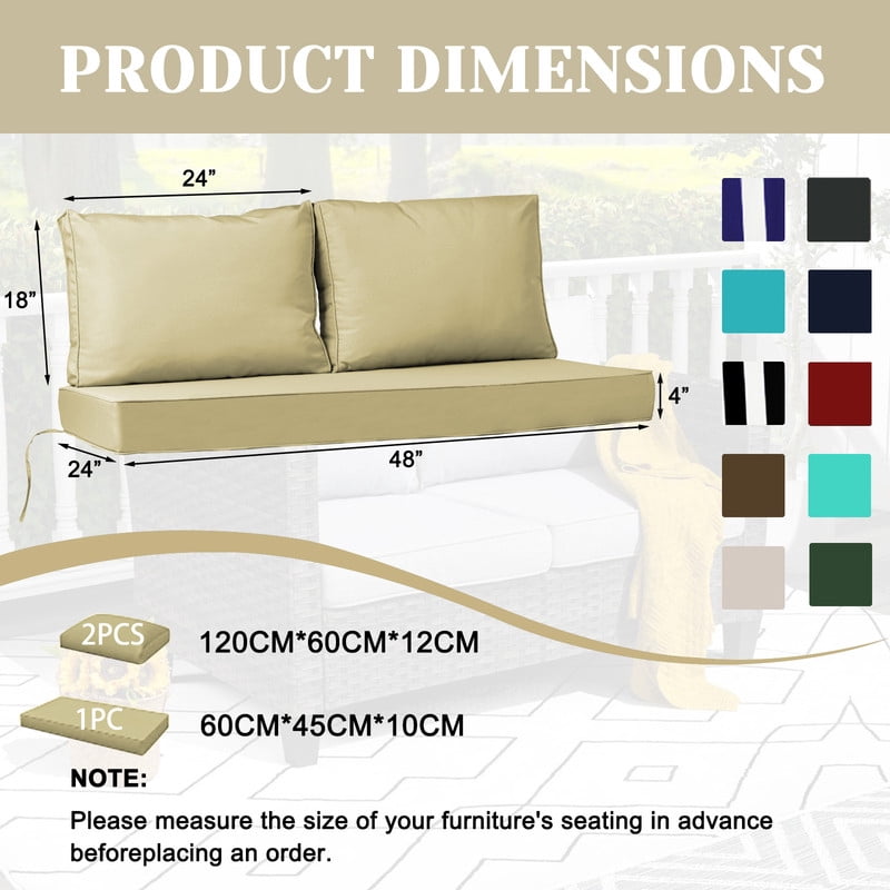 Outdoor Loveseat Cushions Set 48" x 24" Water Repellent & Fadeness Patio Furniture Cushions with Removable Cover and Ties, Patio Love Seat Sofa Cushions for Porch Garden Chair（Beige）