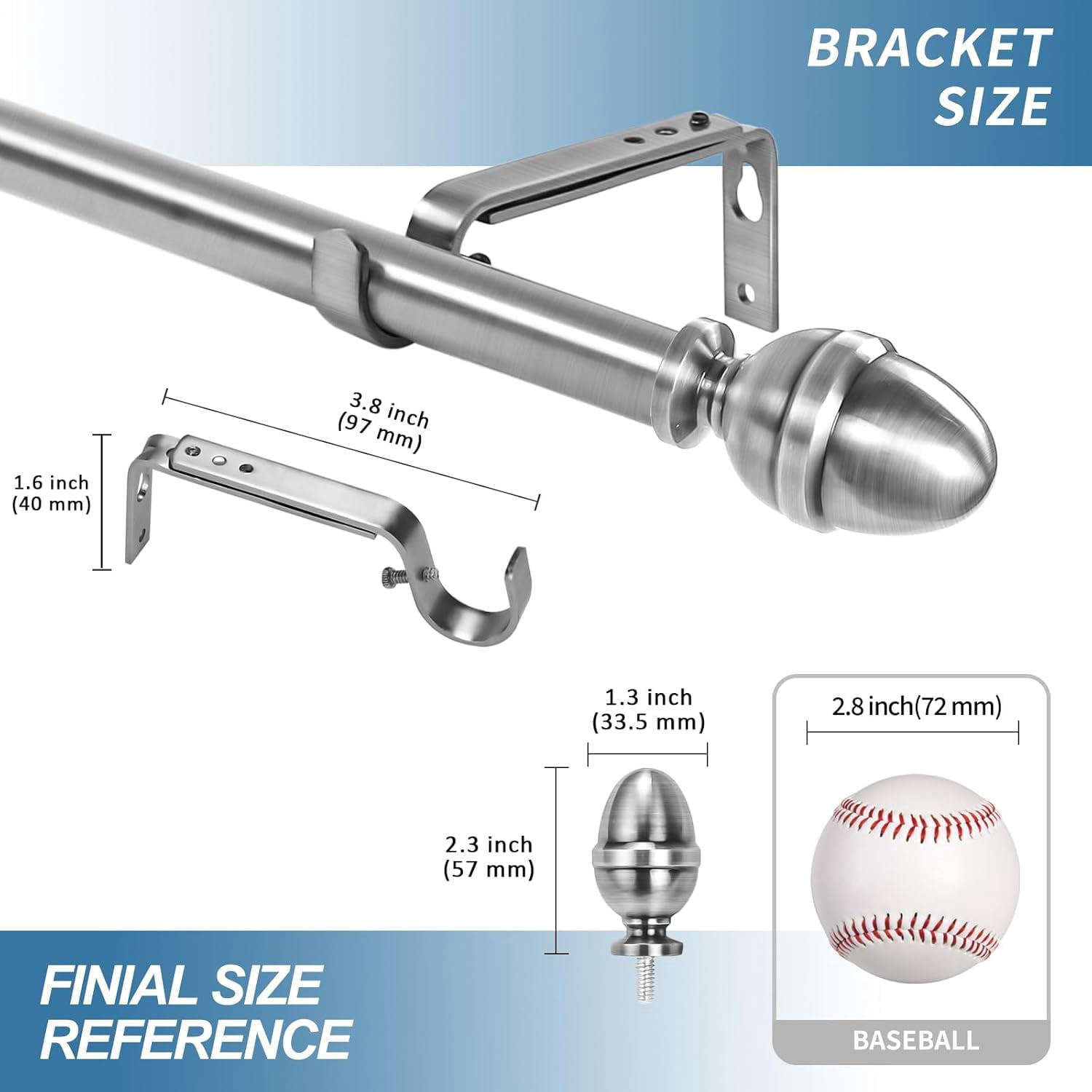 Urbanest Adjustable Single Curtain Rod Set Acorn Finials – 5/8-Inch Diameter, With Brushed Steel Rod, 48–84 Inches