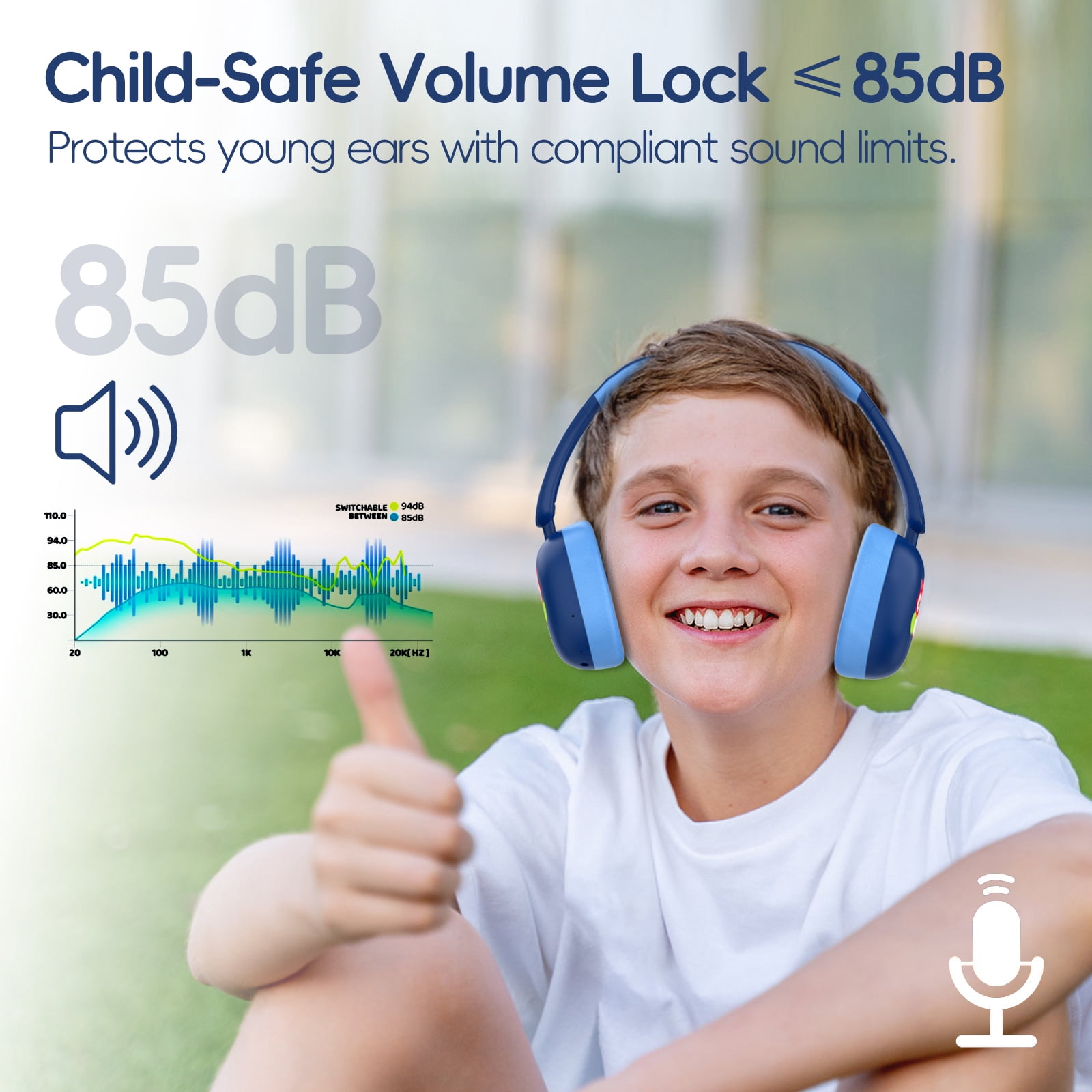 LOBKIN Kids Bluetooth Headphones Over Ear Headphones with Mic 35H Playtime 85dB Safe Volume Foldable Design for Girls Boys Travel/School/Tablet Blue