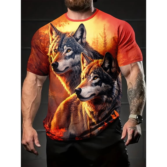 Big Bad Wolf King Men's 3D Printed Graphic T-Shirt - Vibrant Wolf and Flame Art, Short Sleeve Crew Neck, Breathable Summer Casual Style, Machine Washable Holiday Gift, Crew Neck Short Sleeve