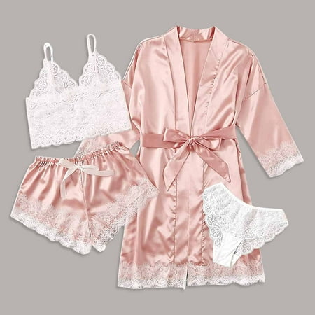 

JNGSA 4-Piece Women Sexy Garter Lingerie Set Robes Lace Bodysuit Deep-V Neck Underwear Micro Bikini Pajamas For Women Soft Comfy Clearance