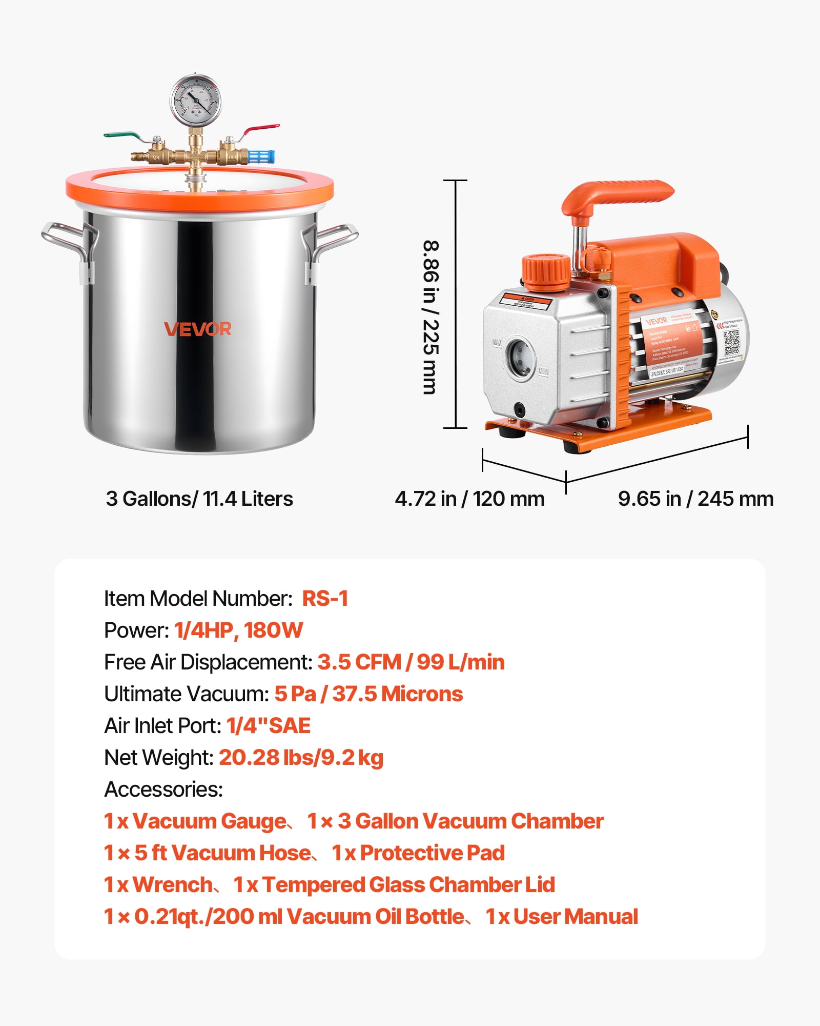 VEVOR 3 Gallon Vacuum Chamber with Pump, 3.5 CFM, Single Stage Vacuum Pump, Stainless Steel Degassing Chamber Kit with Tempered Glass Lid, 5 ft Hose, for Stabilizing Wood Degassing Silicone Resin