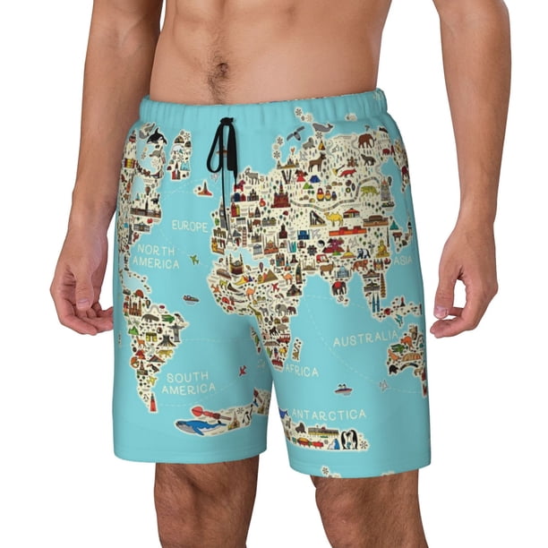 Fotbe World Travel Line Icons Map Traje de Baño para Hombre – Shorts de Natación de Secado Rápido con Forro y Bolsillos-3X-Large