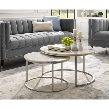 Inspired Home Asbille Nesting Coffee Table Round Natural Marble Top Stackable Metal Base Set of 2, Silver