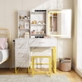 thumbnail image 3 of Bingirl Vanity Desk with Lights and Power Outlets - Makeup Table Charging Station Featuring 3 - Color LED Mirror, 4 Drawers, Storage Shelves, Hair Dryer Holder, and Stool in Marble White, 3 of 7