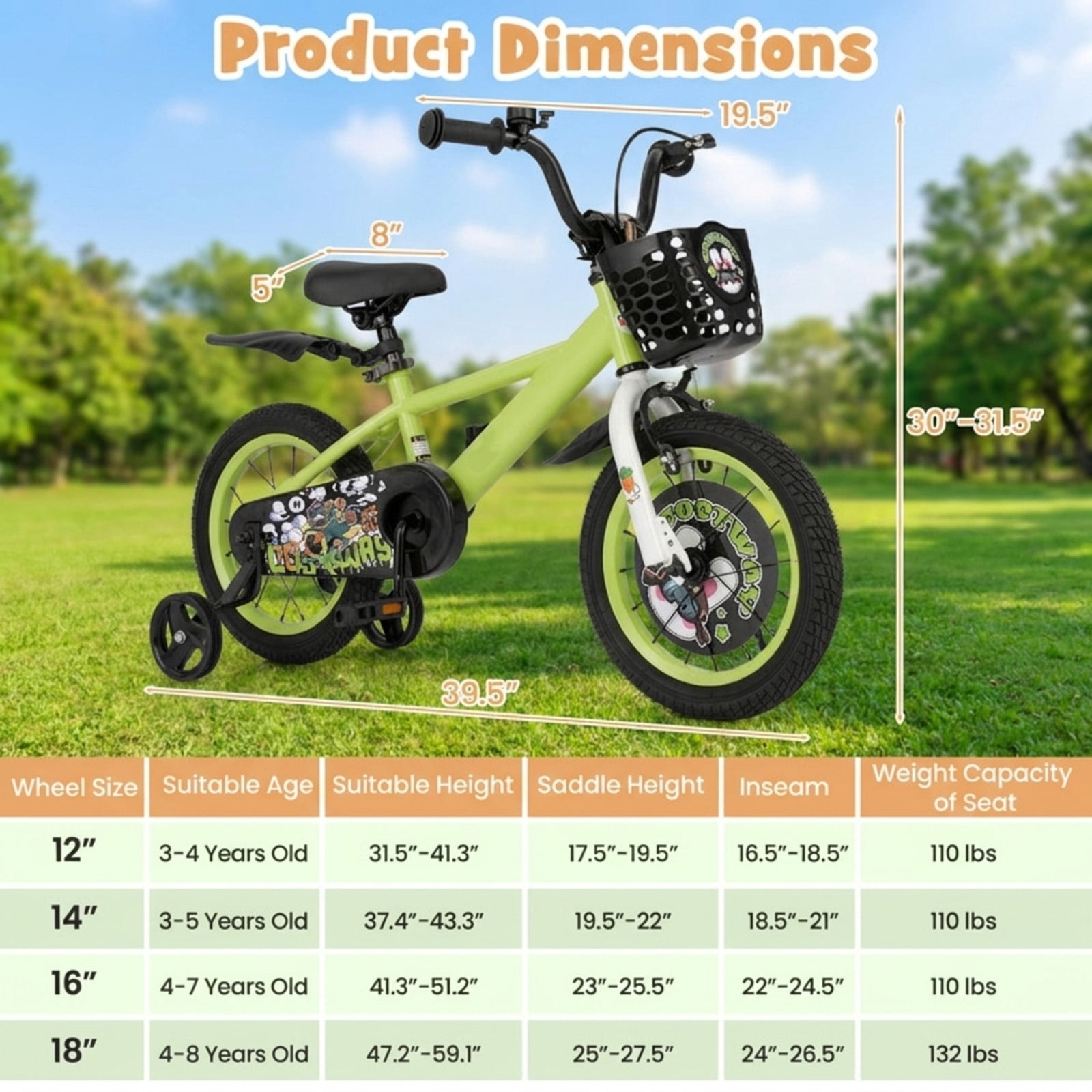 Redsmile Kids Bike 12 Inch with Detachable Training Wheels for 3-4 Years Old Boys Girls, Adjustable Kids Bicycle with Storage Basket, Handbrake and Coaster Brake, 12" Toddler Bike, Green
