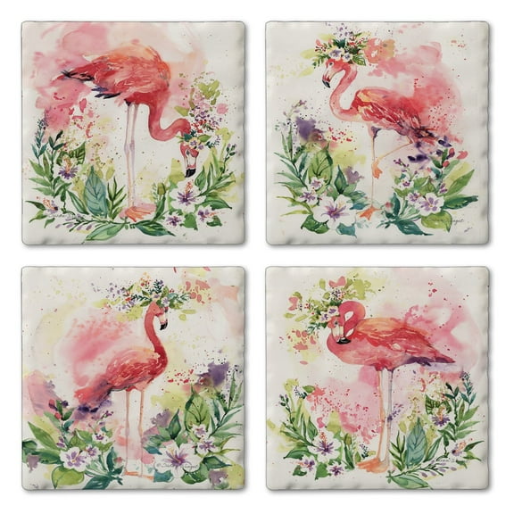 Thirstystone "Summer Flamingos" 4-Pack Assorted Tumbled Tile Coasters