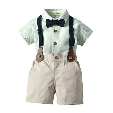 

Toddler Little Boy Kids 4 Pieces Gentleman Outfit Summer Bow Tie Button Down Shirt Removable Suspenders Bermuda Shorts Set Clothes