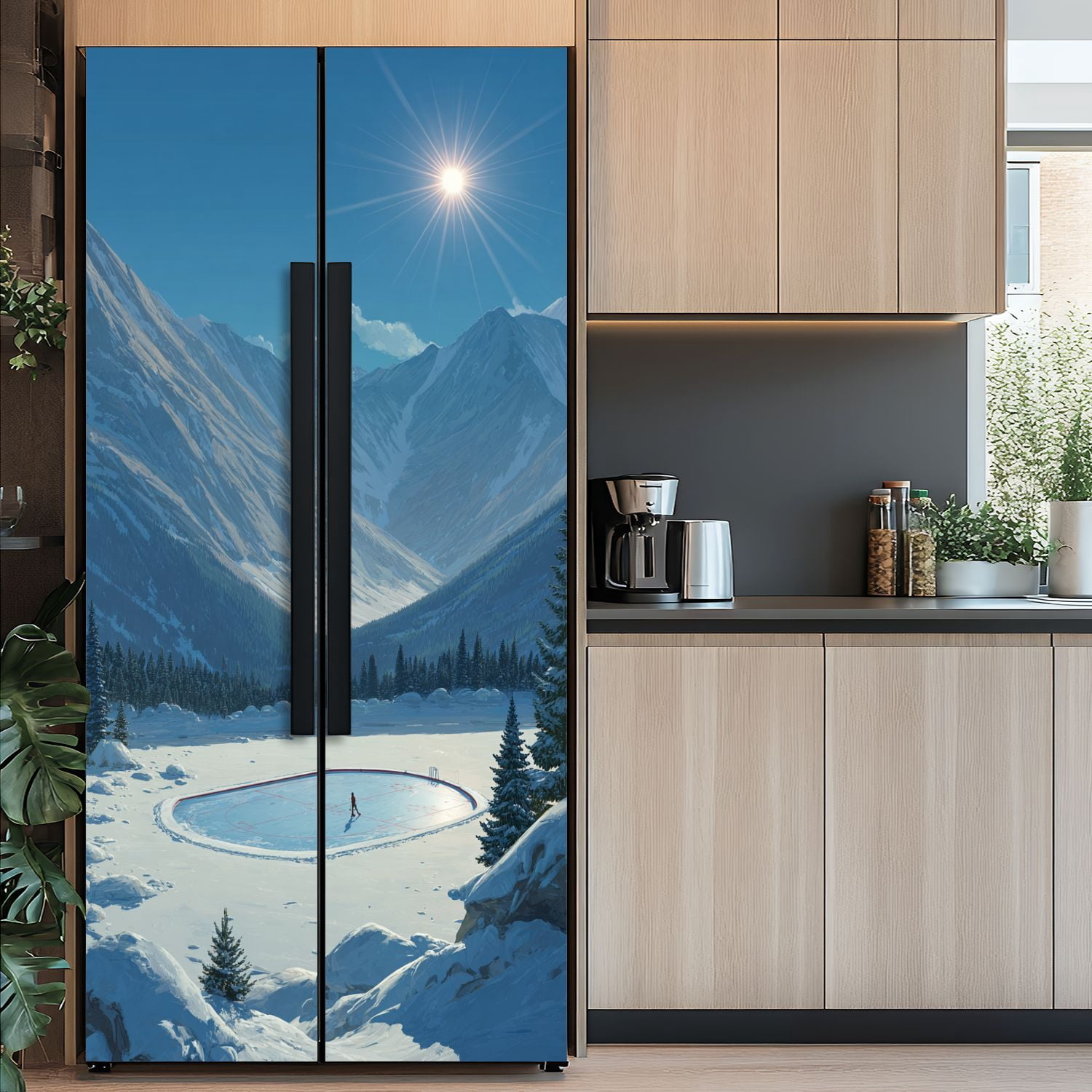Self Adhesive Vinyl Refrigerator Wrap Set Hockey Mountains Door Mural Removable Fridge Sticker Peel and Stick&nbsp;Full Door Cover Decal Kitchen Bar Decor