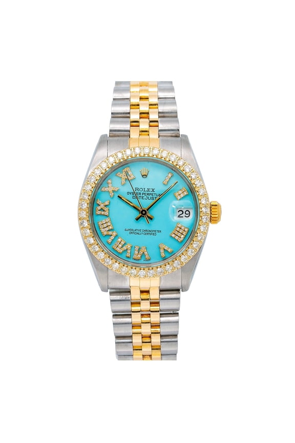 Pre-Owned Rolex Datejust 31MM 6827 Turquoise Roman Diamond Dial Diamond Bezel Two Tone Yellow Gold Jubilee Bracelet