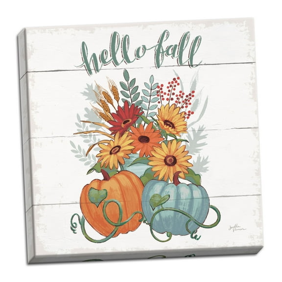 Gango Home Decor Off-White and Orange "Hello Fall" Pumpkin Adult Autumn Decor; 1 - 16" x 16" Stretched Canvas
