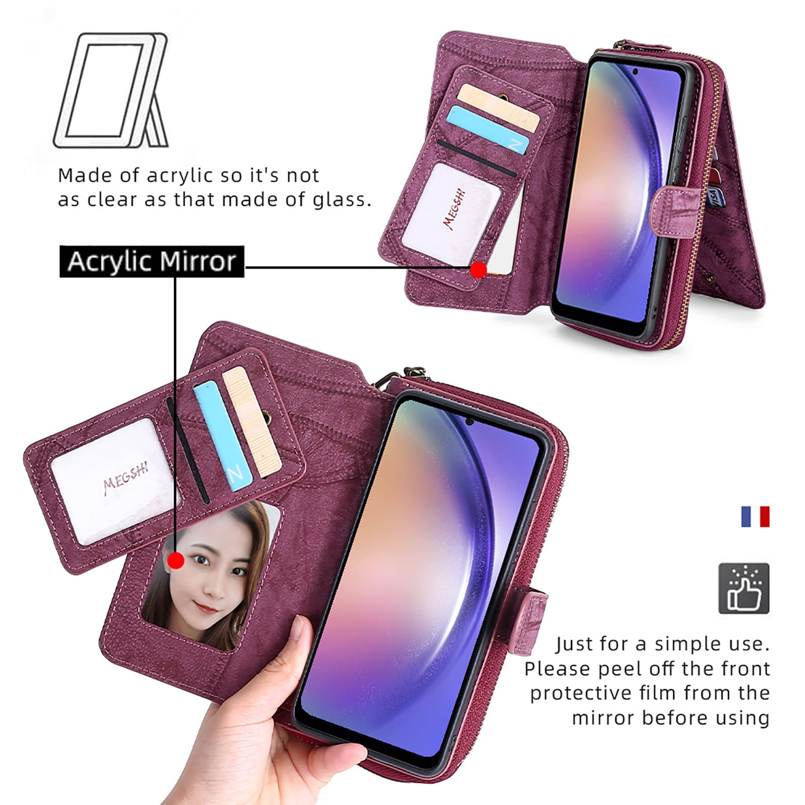 For Samsung Galaxy S25+ Wallet Case with RFID Blocking Credit Card Holder, Detachable Wallet Phone Case Magnetic Closure Flip Kickstand PU Leather Flip Lanyard Strap Wristlet Zipper Purse,Winered