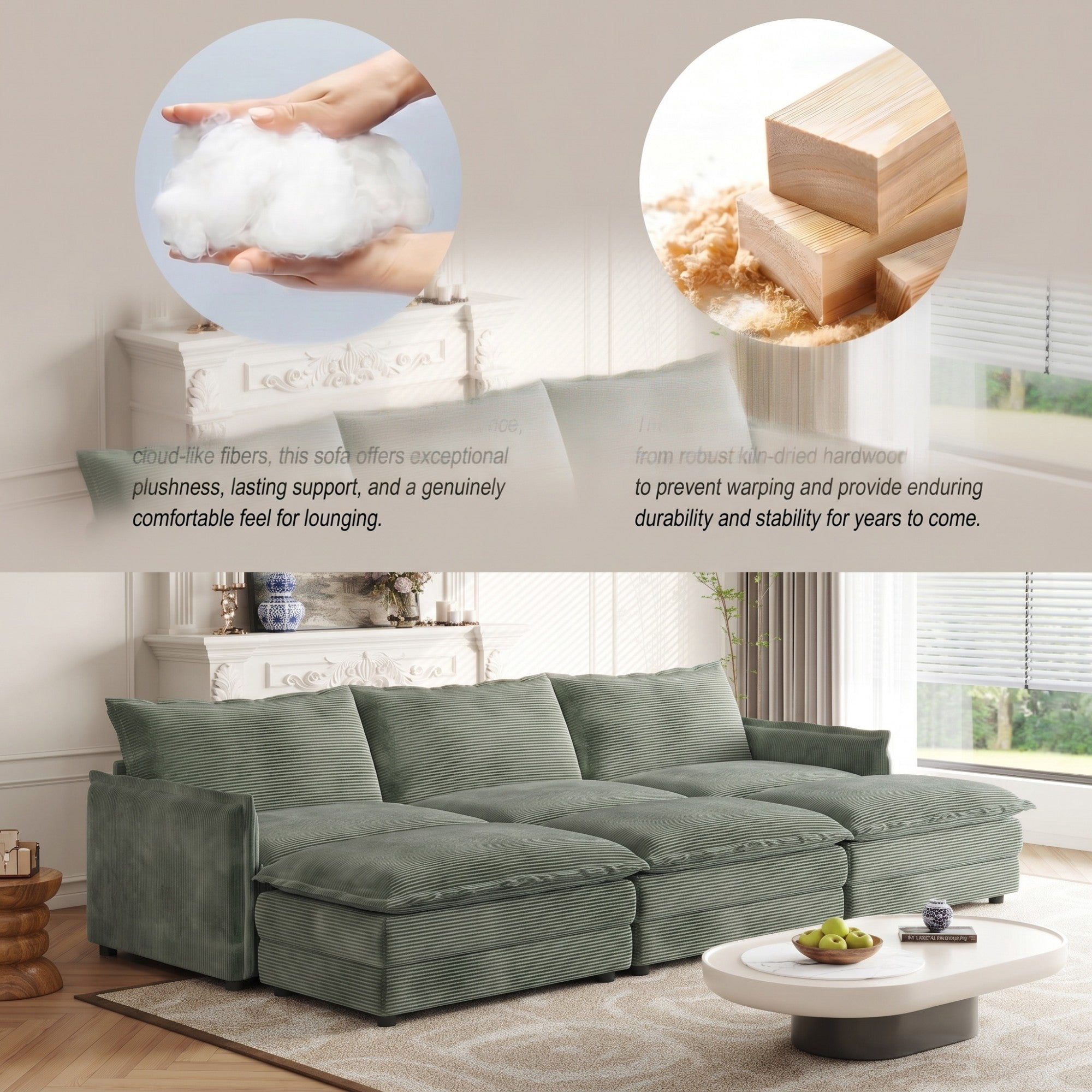 Sailvan 3-Seater Corduroy Sofa with 3 Ottomans, Oversized Deep Seat Cloud Couch for Living Room Green
