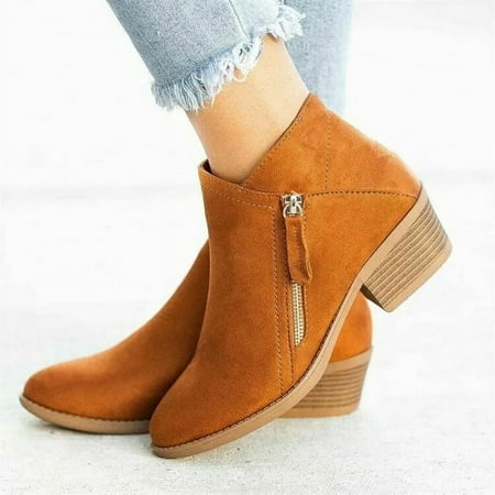 

HOLXI 2024 Women Suede Ankle Boots Side Zipper Low Heel Pointed Toe Winter Booties Shoes Chunky Heel Boots Round Toe Simple Elegant Fashion Daily Lady Shoe