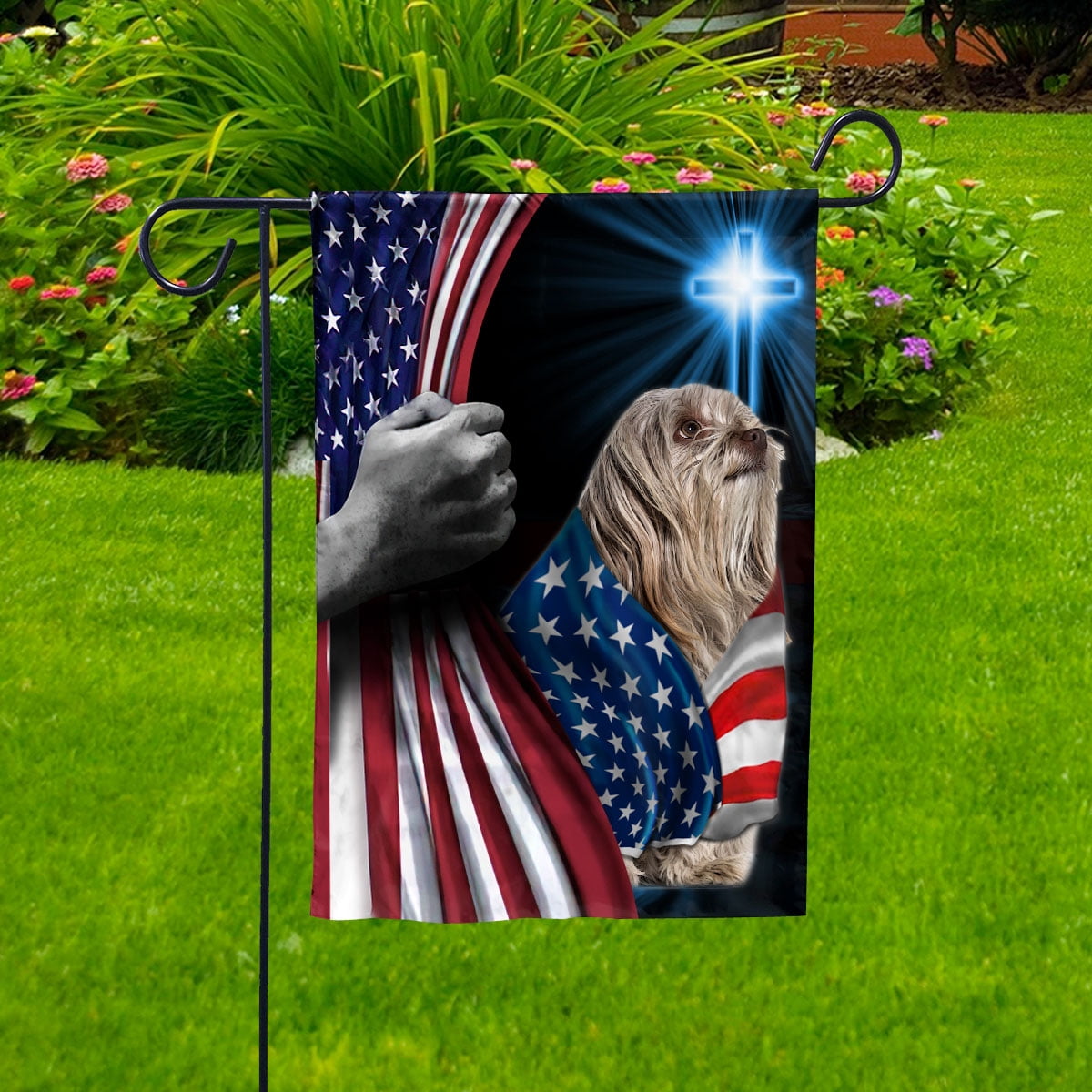 Hand Pulling USA Flag Shih Tzu Dog Wearing Flag American Standing under Cross Christian Patriotic House Flag (3x5) Double Sided- Premium Polyester-Decorative Indoor Outdoor Flag