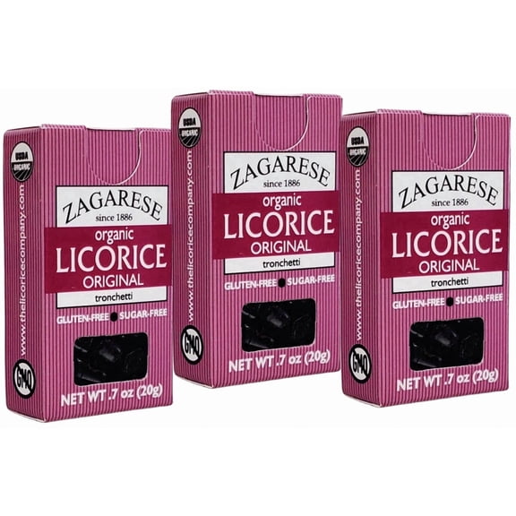 ZAGARESE 100% pure Organic Licorice extr., hard little Bits, 0.7 oz flip top box, Set of 3