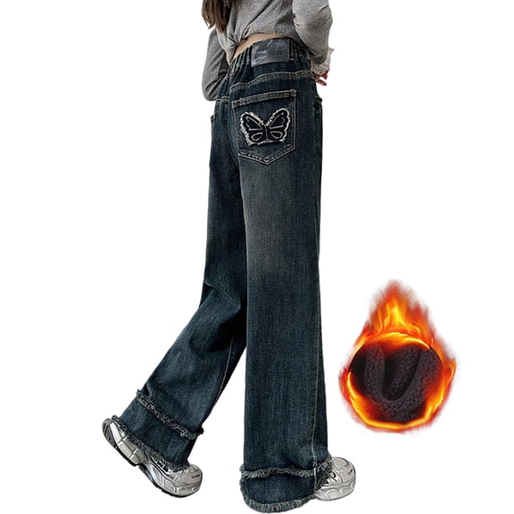 QUOTAY Winter Warm Baggy Jeans Girls Wide Leg Elastic Waist Lined Cargo Trousers Denim Girls Pants for Children 05_Dark Blue,5-6 Years