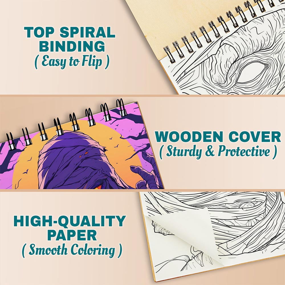 Netecom Creepy Mummy Coloring Book for Adults, A5 Wooden Cover, 30 Spooky Coloring Pages of Ancient Mummies for Stress Relief and Relaxation, Spiral Bound Edition