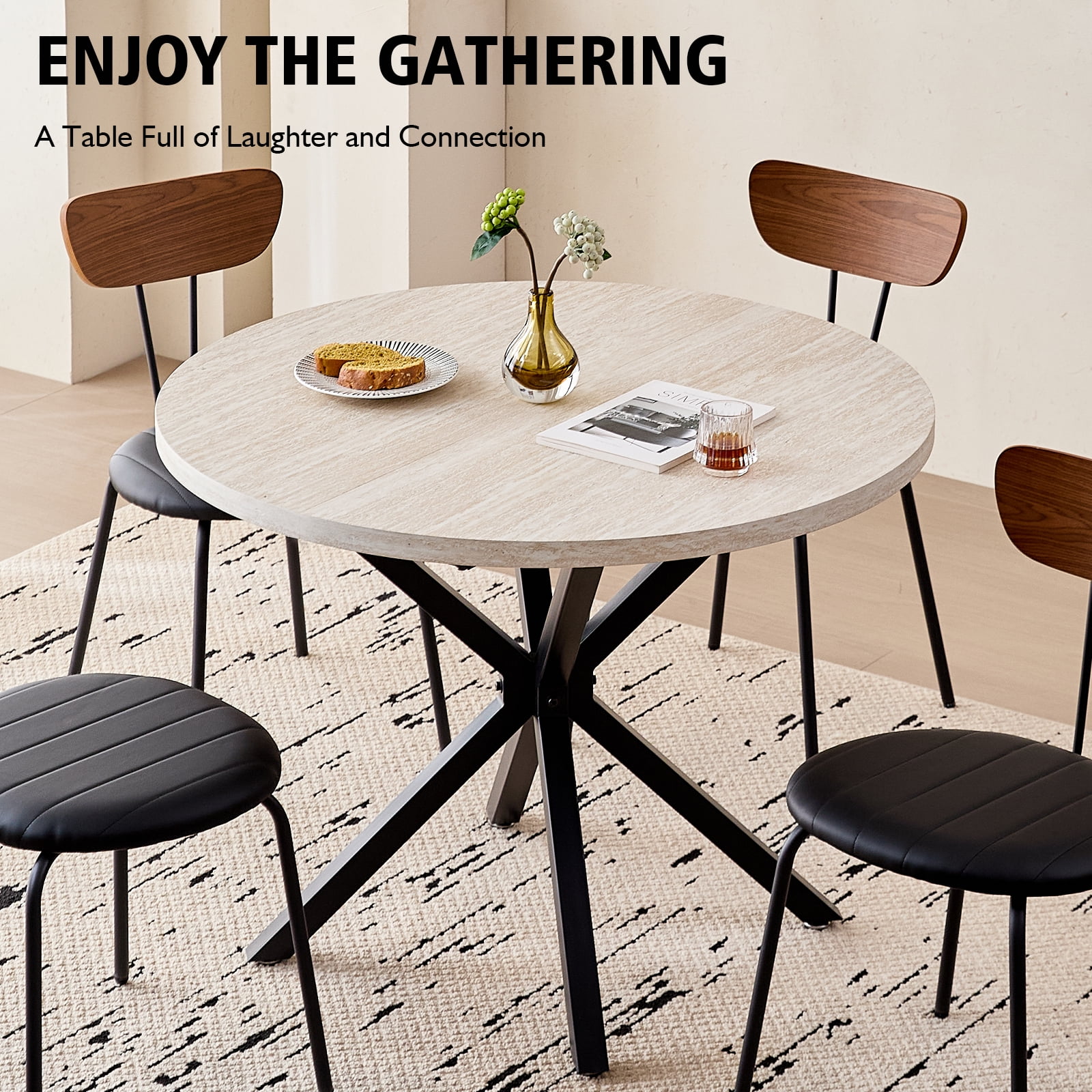 39 Inch Round Dining Table for 4, Mid-Century Kitchen Leisure Table for Apartment Living Room Space Saving, Metal Cross Legs, Light Stone Pattern