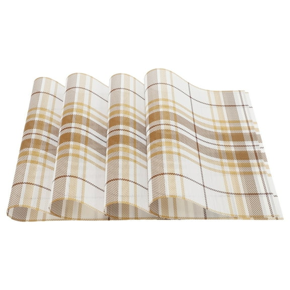 4 Pcs Grid Pattern Placemats PET Place Mats for Kitchen Dining Table Washable Table Mats Brown