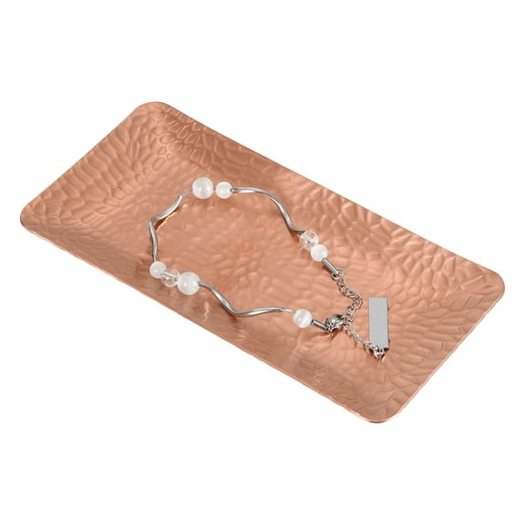 Uxcell Decorative Tray, 5.9x3" Stainless Steel Rectangular Frosted Serving Tray with Hammer Pattern for Dessert Napkin Towel Candle Jewelry Bathroom Platter, Stackable, Rose Gold