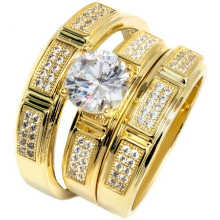 Pori Jewelers CZ 18kt Gold over Sterling Silver Circle-Cut Micro-Pave Trio Engagement Ring Set