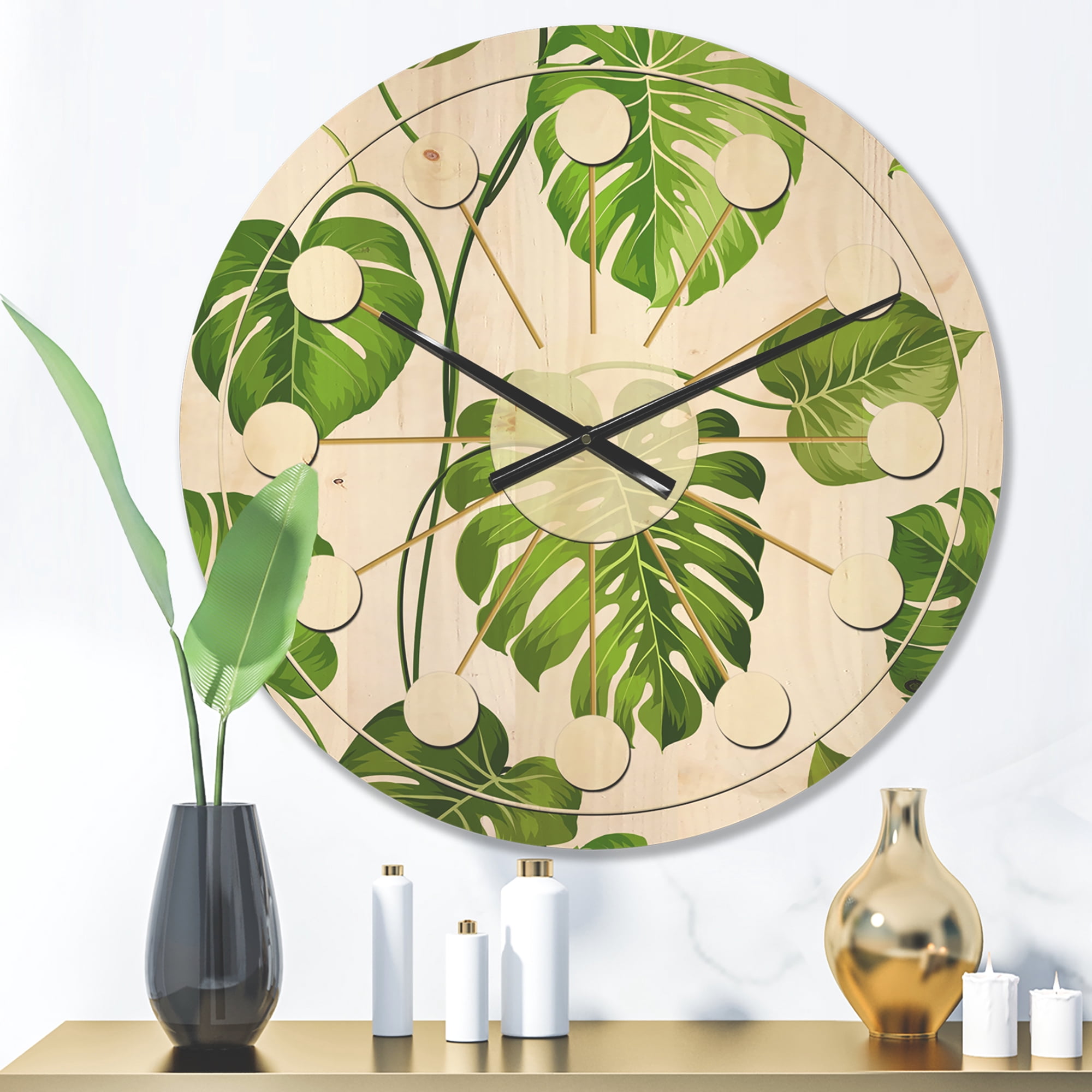 Designart 'Palm Tropical Leaves II' Mid-Century Modern Wood Wall Clock