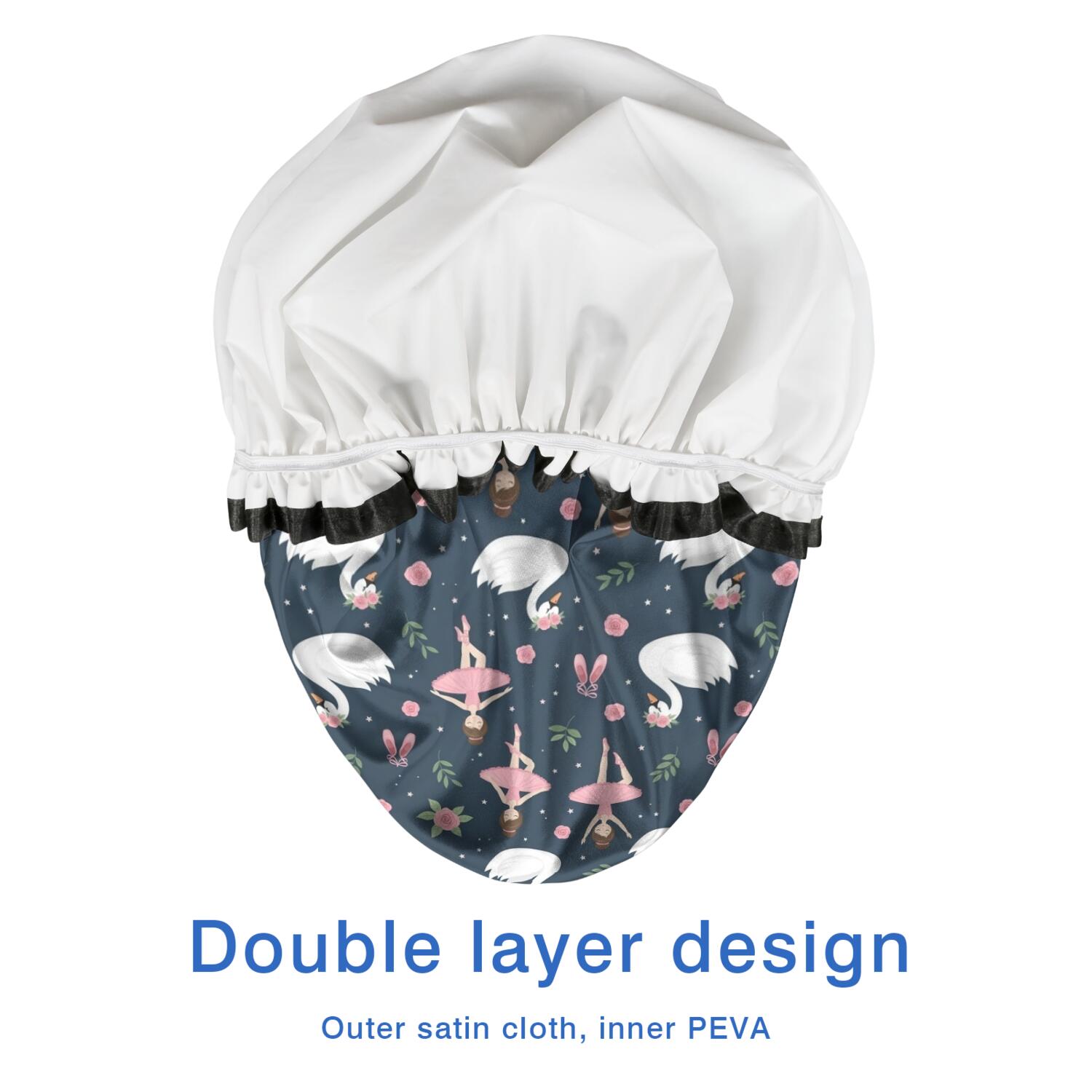 Shower Caps,Dark Blue Swan Ballerina Pattern Waterproof Shower Cap for Women 4 Pieces,Double Reusable Hair Cover for Shower PEVA Elastic Stretch Hem