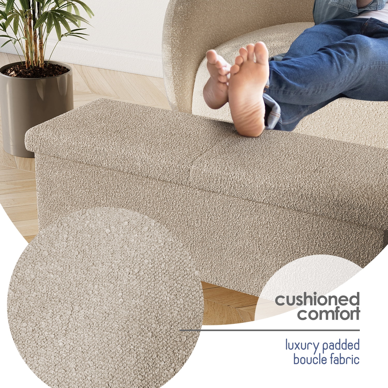 Hearth & Harbor Storage Ottoman Bench, Boucle 43" Ottoman with Storage , Beige