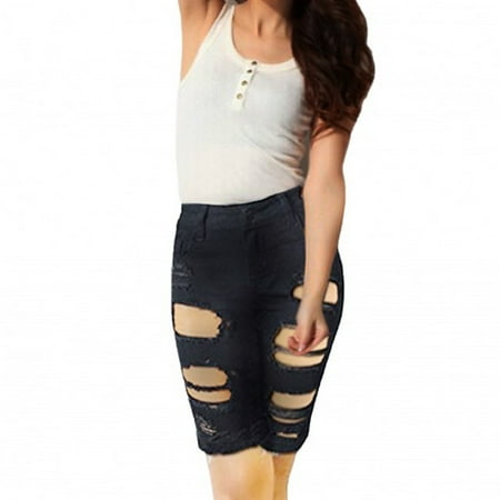 Distressed Spandex Shorts - Women's Stretchy Denim Summer Shorts Ladies Casual Frayed Hole Distressed Pants