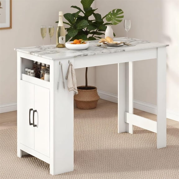Topcobe Bar Table Faux Marble Pub Table with 7 Hanging Hooks Compartment, Modern Furniture for Indoor, Table for Living Room-White