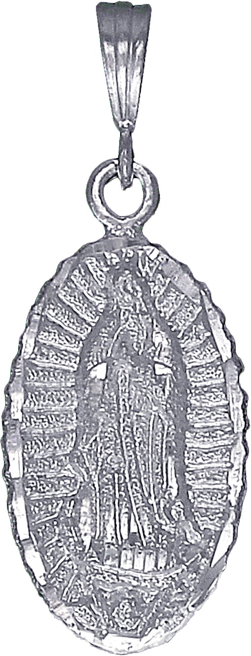 Sterling Silver Virgin Mary Pendant Necklace Medallion with Diamond Cut