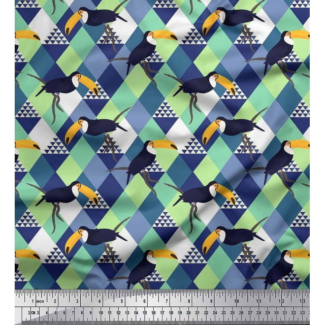 Soimoi Poly Georgette Fabric Check & Toucan Bird Print Fabric by The Yard 52 Inch Wide