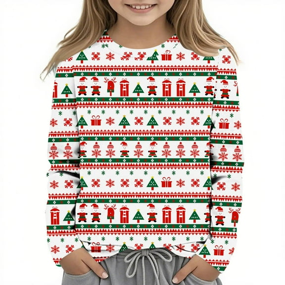 ITSAME Boys Girls Christmas Long Sleeve Shirt, Round Neck Casual Fashion Xmas Graphic Fall Pullover Holiday Tops Multicolor 3T
