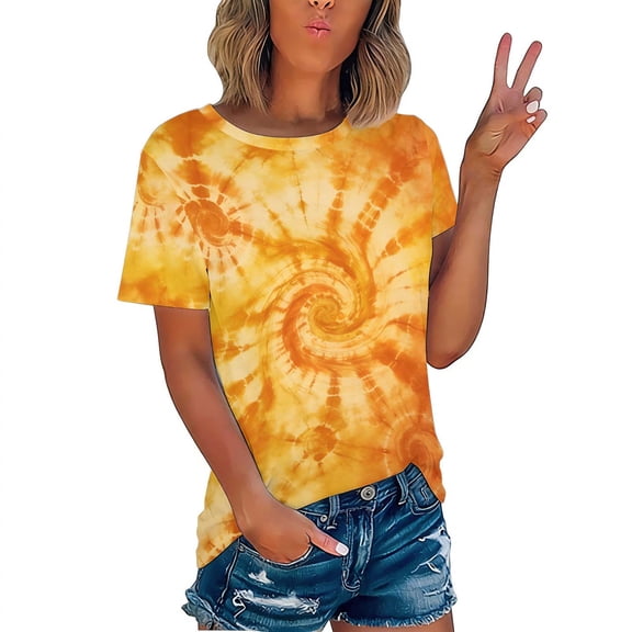 Lumosvexa Women Graphic Short Shirt Sleeved Tops Womens Casual T-Shirt Crew Neck Tie Dyeing T Shirt Yellow Size 2XL