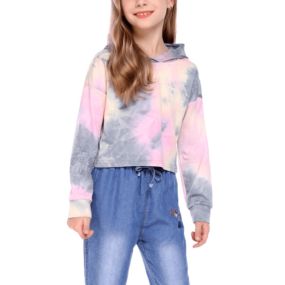 Oudiya Kids Tie Dye Sweatshirt Crop Tops Hoodie Long Sleeve Pullover for Girls, 5-13 Years