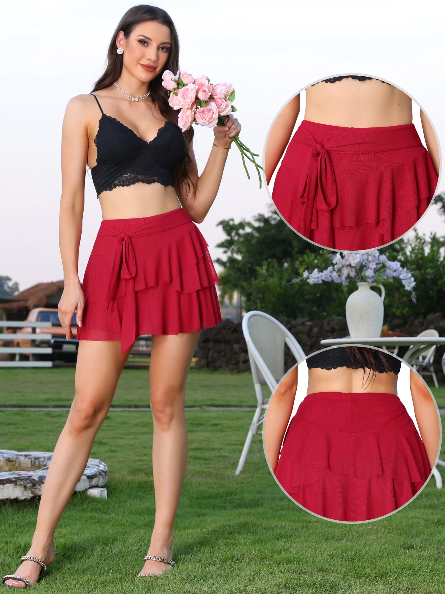DARING DIVA Women's with Ruffled Hem and Elastic Tie Waist Small Red