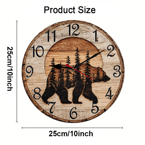 Kurmntregon Cabin Bear Wall Clock Black Bear Wildlife Forest Mountain Lodge Wooden For Kitchen Bathroom Silent Non Ticking Decorative Clock Battery Operated Home Office Living Room Decor Round 10"