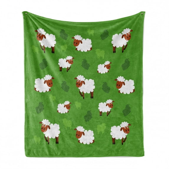 Sheep Soft Flannel Fleece Throw Blanket, Illustration of Fluffy Farm Animals Repetitive Pattern, Cozy Plush for Indoor and Outdoor Use, 70" x 90", Fern Green Cinnamon, by Ambesonne