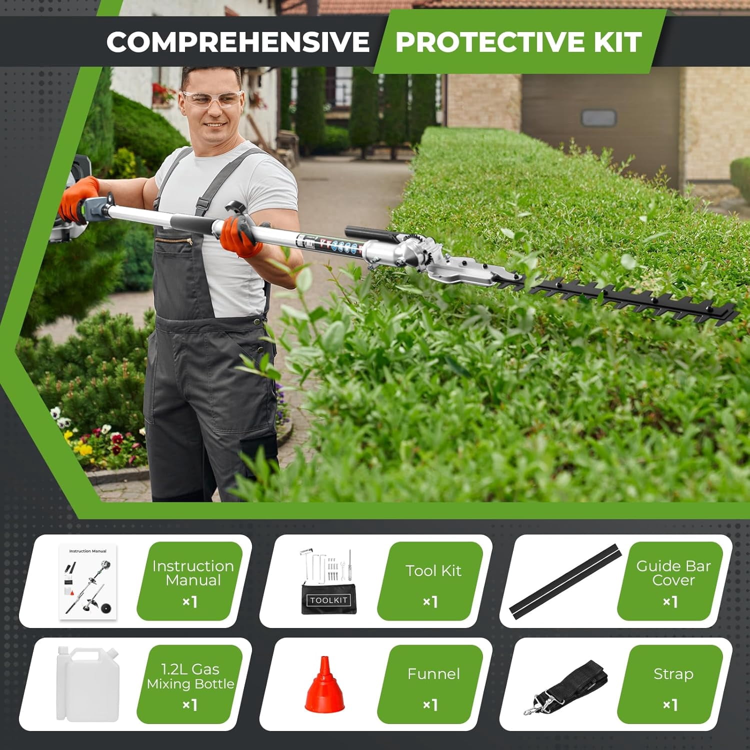 52CC 2-Stroke Gasoline-Powered Hedge Trimmer with 17-inch blades, a garden trimming tool for tree pruning and branch cutting.