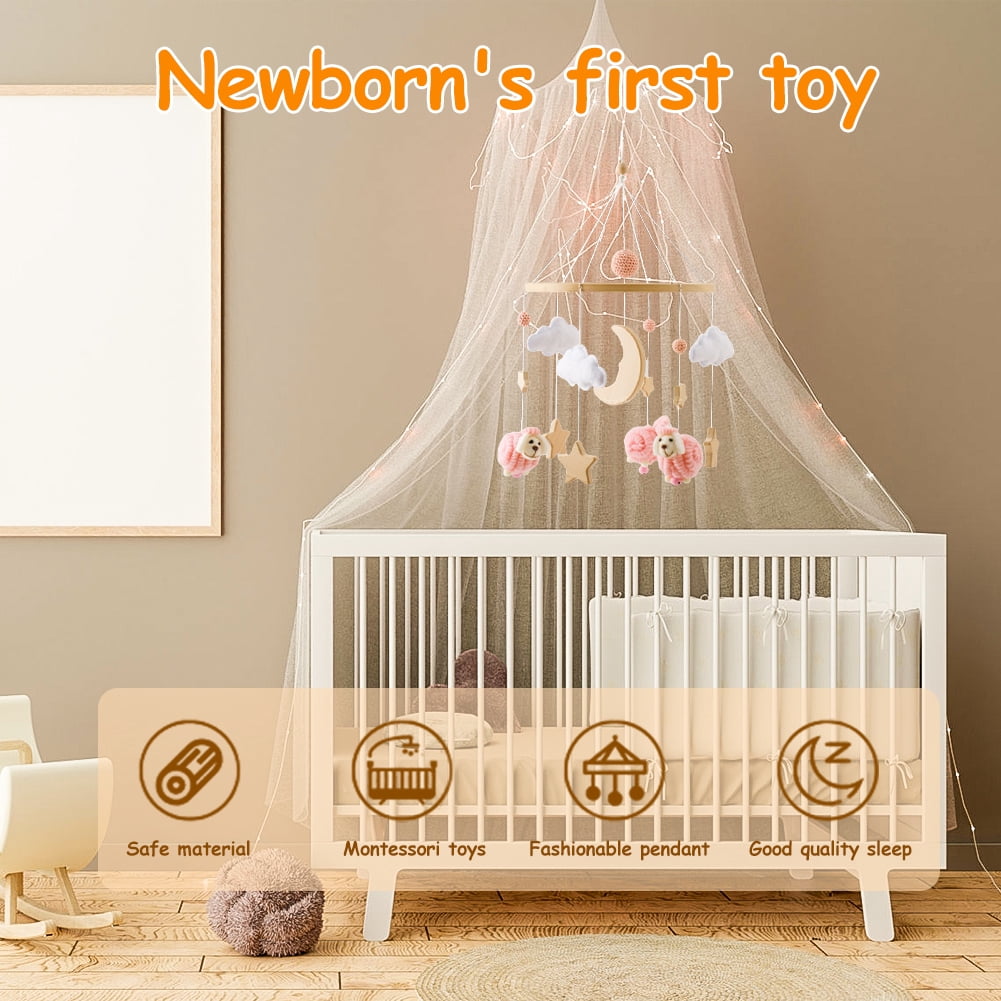 Baby Crib Mobile Wind Chime – Wooden Bed Bell Hanging Pendant, Soothing Toy for Newborns, Home Nursery Decoration, Cream-Coloured
