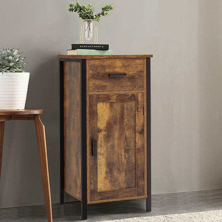 USIKEY Side Cabinet, Floor Storage Cabinet with 1 Door and 1 Drawer,  Industrial Storage Cabinet with 2 Shelves, Nightstand, Small Rustic Cabinet,  for Living Room, Hallway, Office, Rustic Brown SNG11F 
