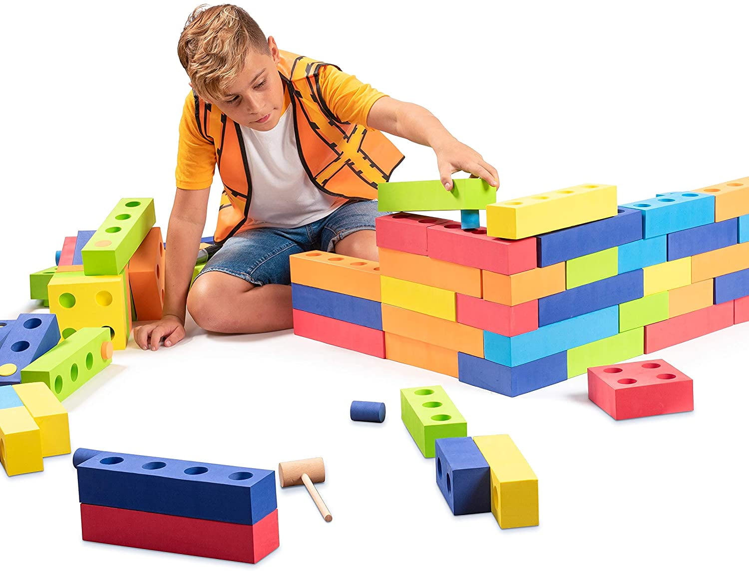 Playlearn Jumbo Foam Building Blocks with Peg Connectors 80 Pieces MultiColored Stacking