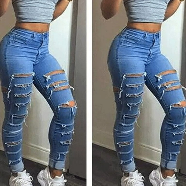 Bigersell Jeans for Women High Waist Full Length Pants Jeans Women Solid  Color Blue Hole High Jeans Flares Ankle Fashion Pants Trouser Ladies
