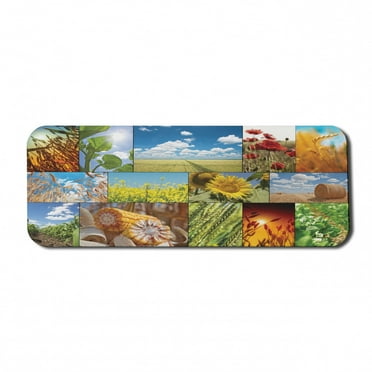 Rustic Computer Mouse Pad, Crops Under Sun Sunflower Wheat Field Rustic Farm Theme Idyllic Landscapes Print, Rectangle Non-Slip Rubber Mousepad Large, 31" x 12" Gaming Size, Multicolor, by Ambesonne