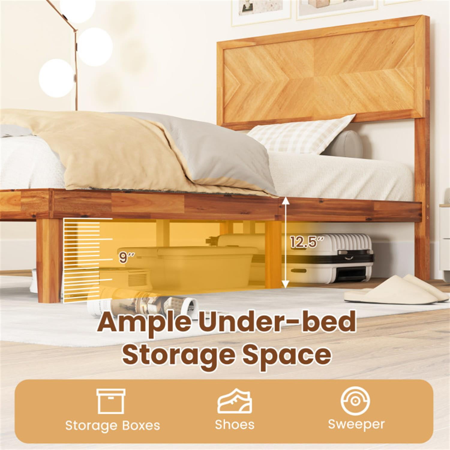 Demi Bonn Twin Size Bed Frame with Headboard, Acacia Wood Platform Bed Frame with Under Bed Storage, No Box Spring Needed, Gold